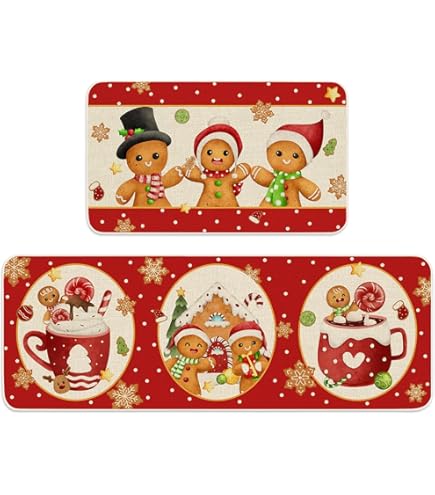 Christmas Kitchen Rugs, Sets Of 3 Non-Slip Washable Rug Rubber Backing Christmas Decoration Home Comfort Floor Mat Entryway Hallway Gingerbread Man 17 X3 - View #3