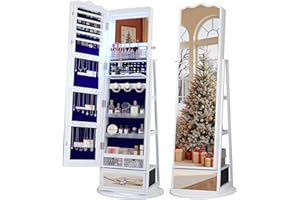 TAGELIER Full-Length Mirror Jewelry Cabinet Standing, 360° Swivel Jewelry Armoire with Mirror and LED Lights, Built in Mirror & Large Storage Shelves & Drawer, White