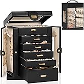 AKOZLIN Jewelry Box 6-Tier Organizer Functional 360° Rotating Jewelry Storage Case for Women Girls Ring Necklace Earring Bracelet Holder with Mirror