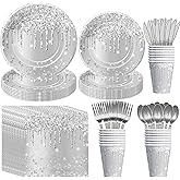 YJRJSC Silver Plates And Napkins Party Supplies - Silver Party Decorations Tableware For Birthday Bridal Shower, Paper Plate, Napkin, Cup, Cutlery, Diamonds Glitter Table Decorations | Serve 24