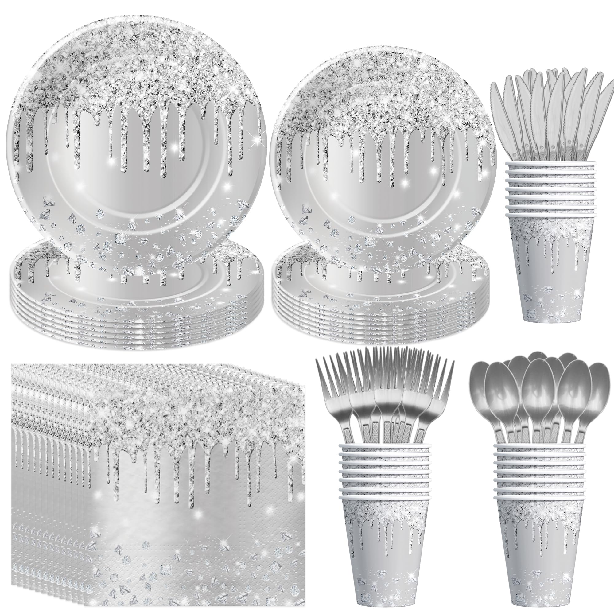 Photo 1 of * only comes with one pack of plates and one pack of knives *
YJRJSC Silver Plates and Napkins Party Supplies - Decorations Tableware for Birthday Bridal Shower, Paper Plate, Napkin, Cup, Cutlery, Diamonds Glitter Table Decorations | Serve 24