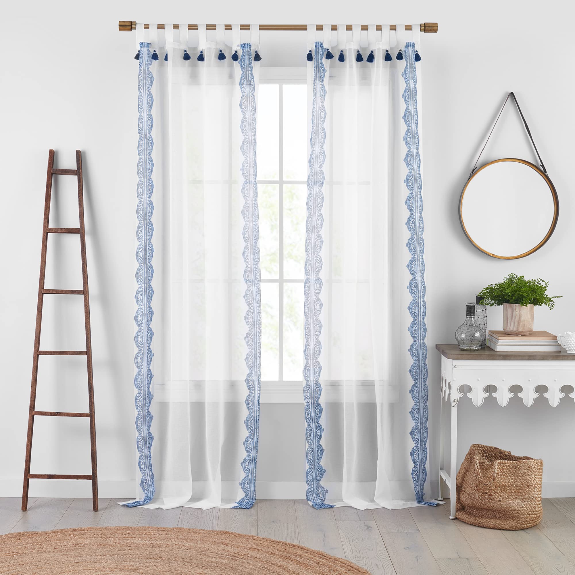 Elrene Home Fashions Shilo Boho Sheer Tab Top Window Curtain Panel with Tassels, 52"x84" (1, Indigo