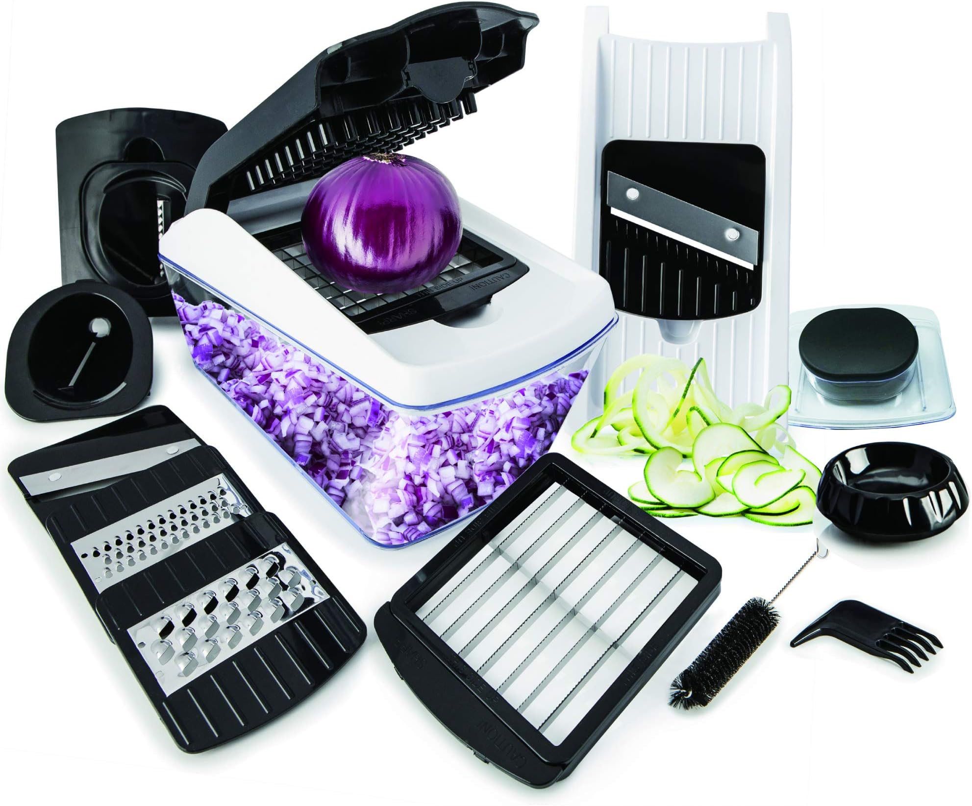 vegetable chopper mandoline slicer with large plastic containers,cutter-veggie spiralizer chopper dicer-onion cutter- food slicer - fruit and cheese slicer, switchable blade, multiple combinations