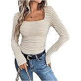 MakeMeChic Women's Striped Square Neck T Shirt Ruched Long Sleeve Fitted Crop Tops