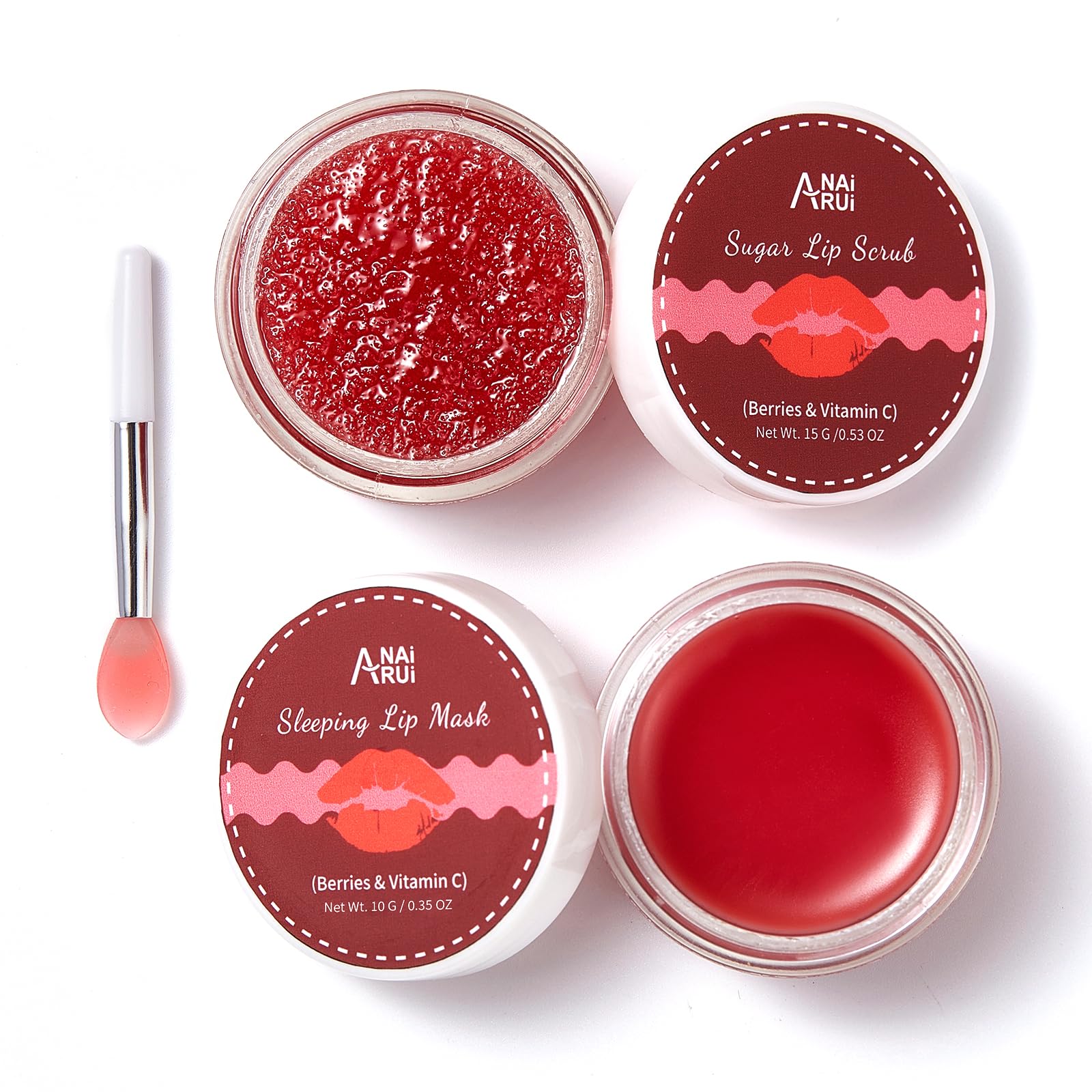 ANAiRUi Lip Care Kit, Berries + VC Lip Balm Mask & Sugar Scrub Set - Overnight Lip Treatment Sleeping Mask & Lip Exfoliator Scrub for Dry Chapped Cracked Peel Lips, Mini Idea Gift Set