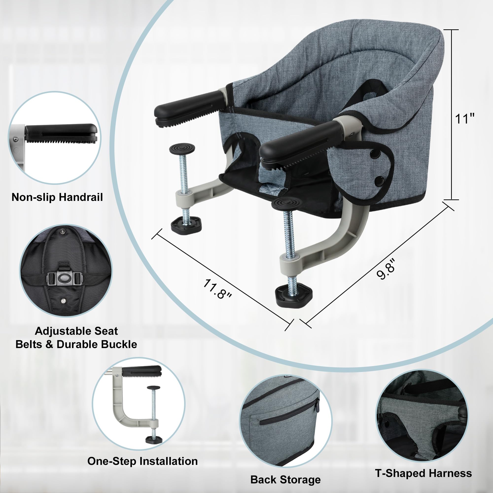 Hook On High Chair, Jozzve Baby High Chair, Portable High Chair for Travel, Foldable Fast Table Chair with Storage Bag, Baby Feeding Seat Clip On High Chair for Home and Travel (Grey)