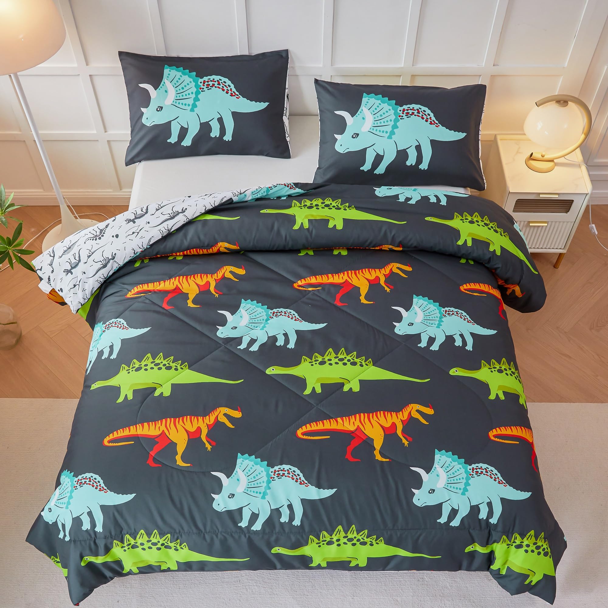RYNGHIPY Dinosaur Bedding Set - Queen Size Comforter Set for Boys & Girls - Soft, Breathable, Cute Dinosaur Bed Set for All Season (Black, Queen) Image