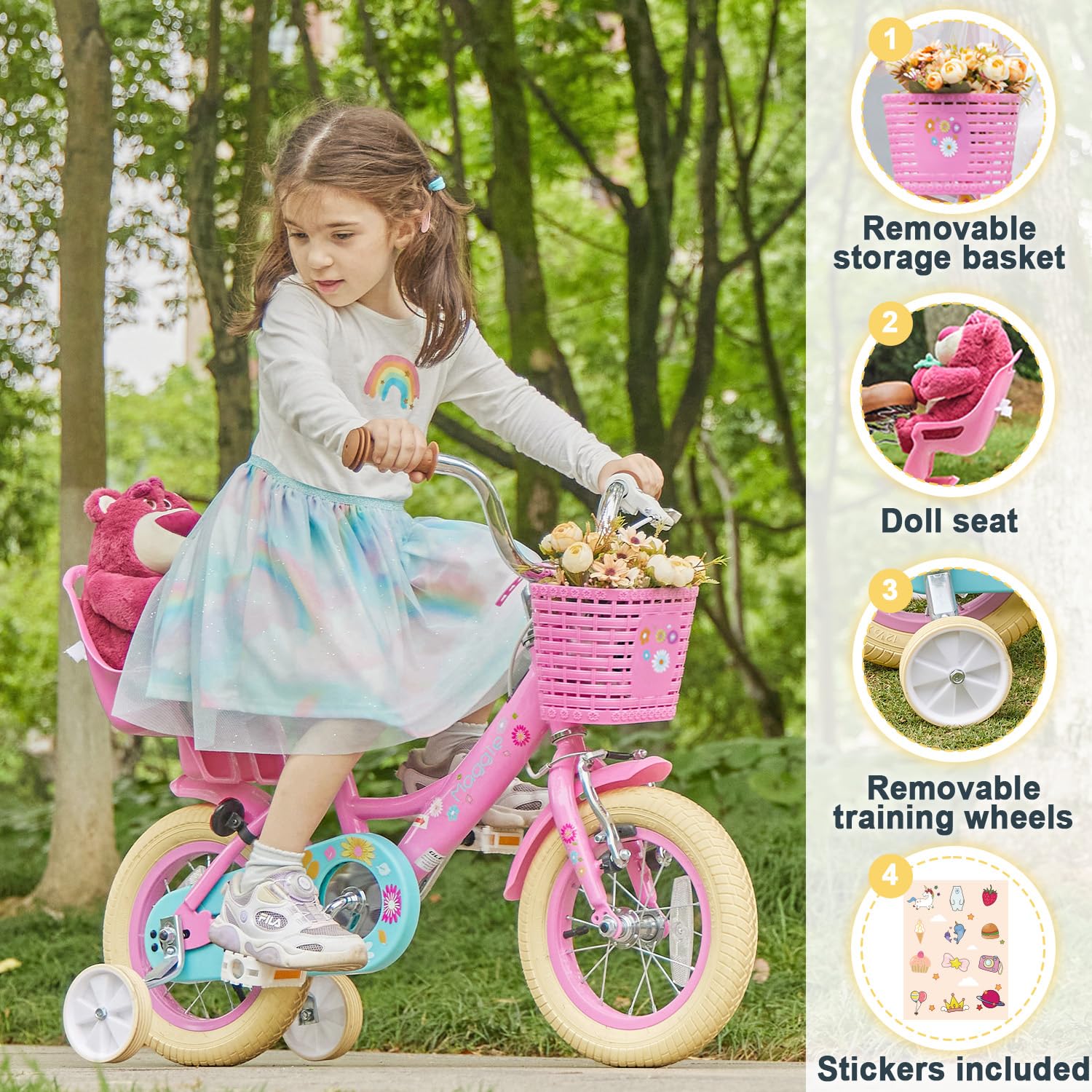 Glerc Maggie Girls Bike, 12-20 Inch Kids Bike for 2-13 Years Old Children, Princess Style Kids Bicycle with Doll-Seat & Basket & Training Wheels, Multiple Colors