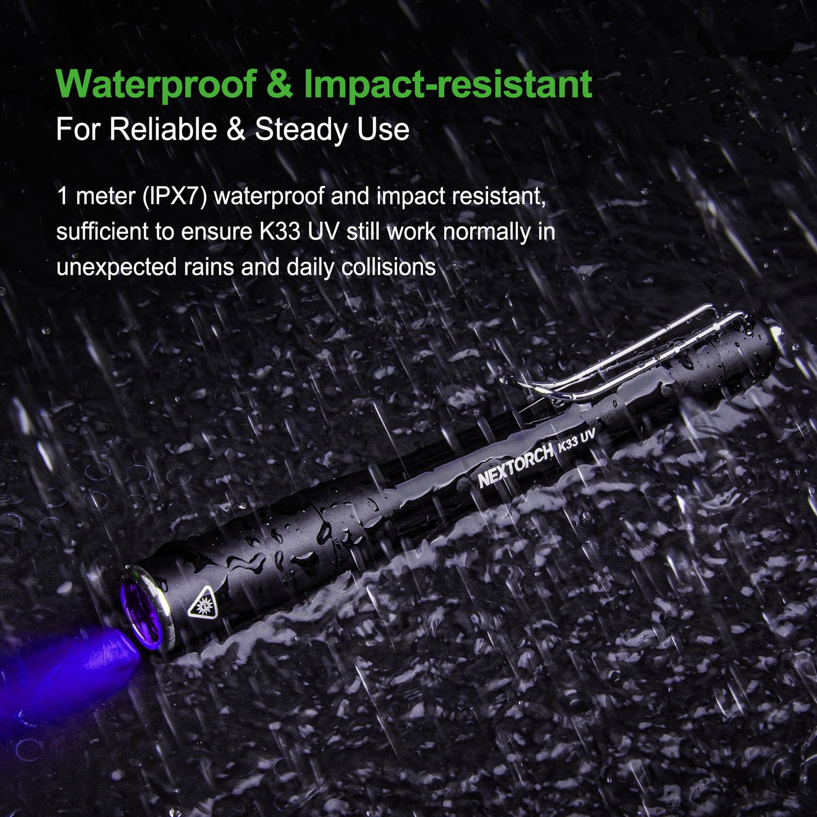 NEXTORCH K33 UV Pen Light, 365 nm Black Light Rechargeable Pocket Flashlight with Black Glass Filter & 1300 mW for Resin, Pet Urine Detection, Evidence Collection, Authentication, Hygiene Inspection