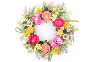 Lotus Hills Spring Wreaths for Front Door, 22 Inch Blooming Artificial Flowers Front Door Wreath, Spring Summer Wreath Outdoor, Spring Summer Floral Peony Wreaths with Greenery Leaves for Wall Window