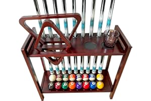 GACCO BILLIARDS Pool Stick Holder Floor Stand Holds 9 Cues & Pool Table Accessories. Wooden 2-Tier Cue Stick Storage with Ball Rack Hangers, Billiard Cone Chalk Holder or Drink Pads