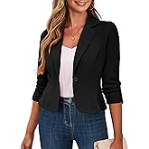 Traleubie Women's Cropped Blazers 3/4 Ruched Sleeve Lightweight Office Wear Short Blazer with Button, S-XL