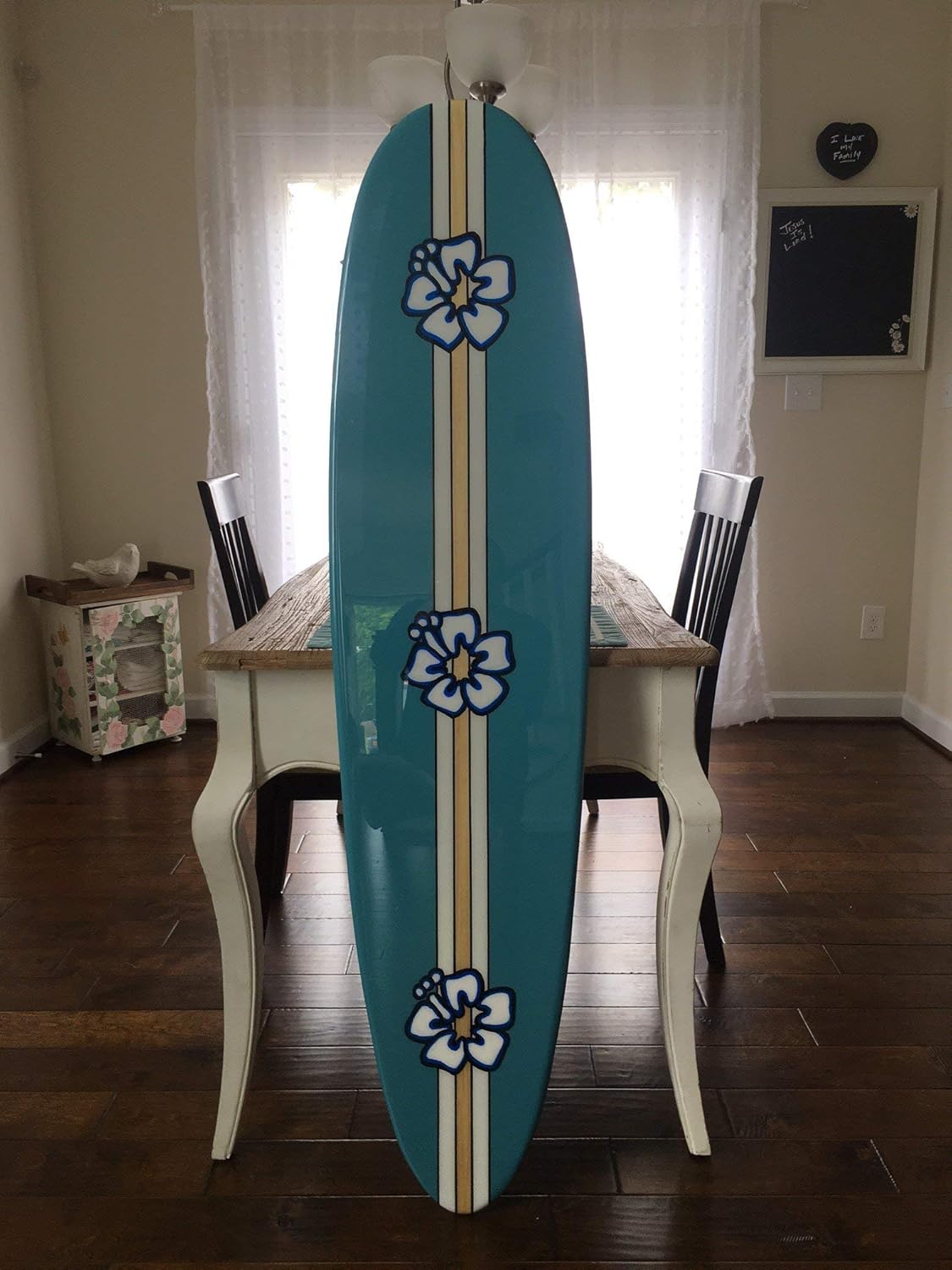 Surfboard wall hanging. Five foot teal