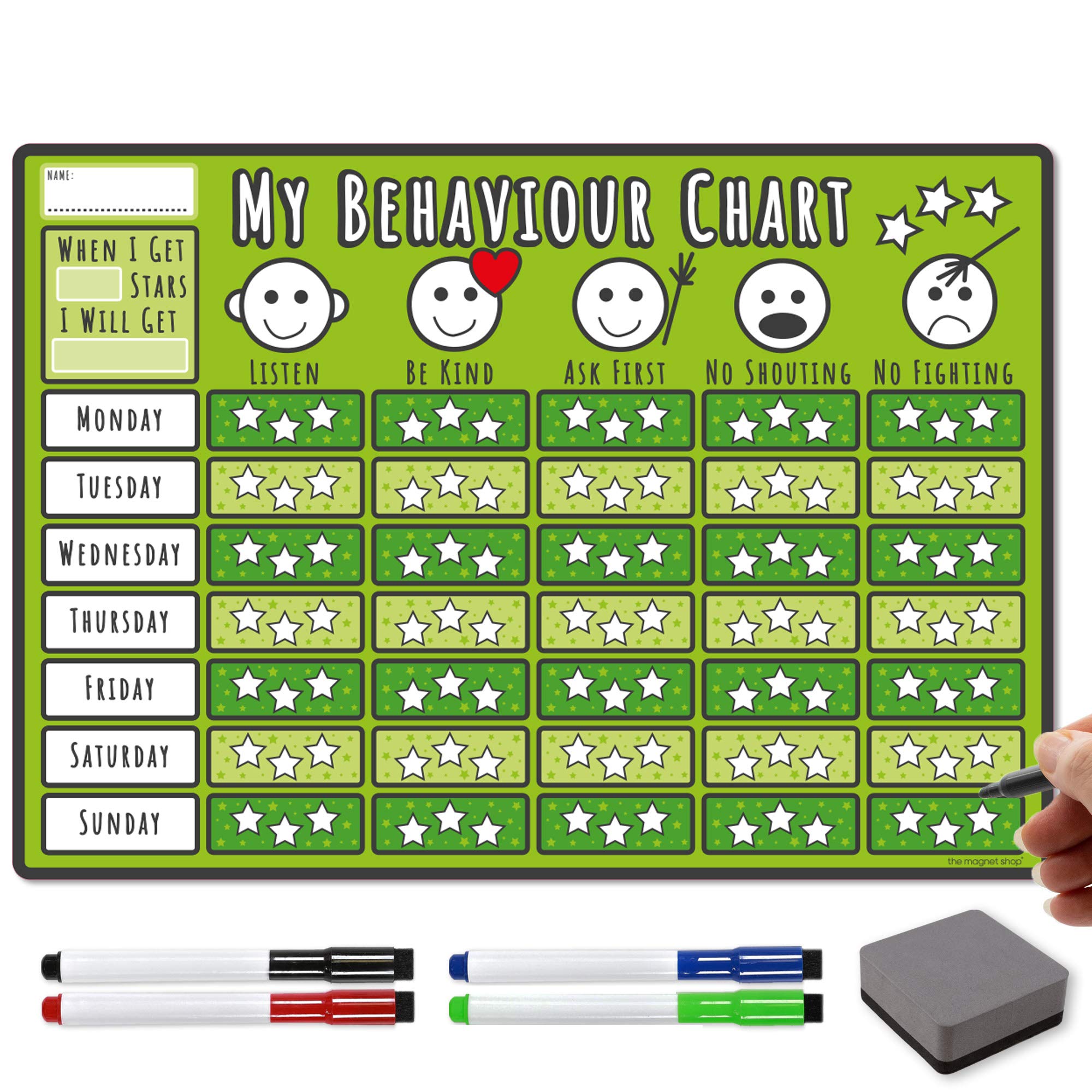 TMS Behaviour Chart for Children A3 | Magnetic Star Chart for Inspiring Good Behaviour in Toddlers and Kids, Boys and Girls | with 4 Magnetic Coloured Dry Wipe Pens! (Green, Star Chart)