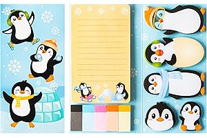 B1ykin Sticky Notes Set - Cartoon Theme Cute Self-Stick Notes Pad Gift, Self-Adhesive Writing Memo Pages Sticky to Do Notepad Separation Tabs for Kids Employee School Office (Penguin)
