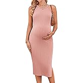 Ekouaer Maternity Dress Rib Knit Side Slit Stretchy Bodycon Pregnancy Dresses Halter Neck Sleeveless Pregnant Clothes