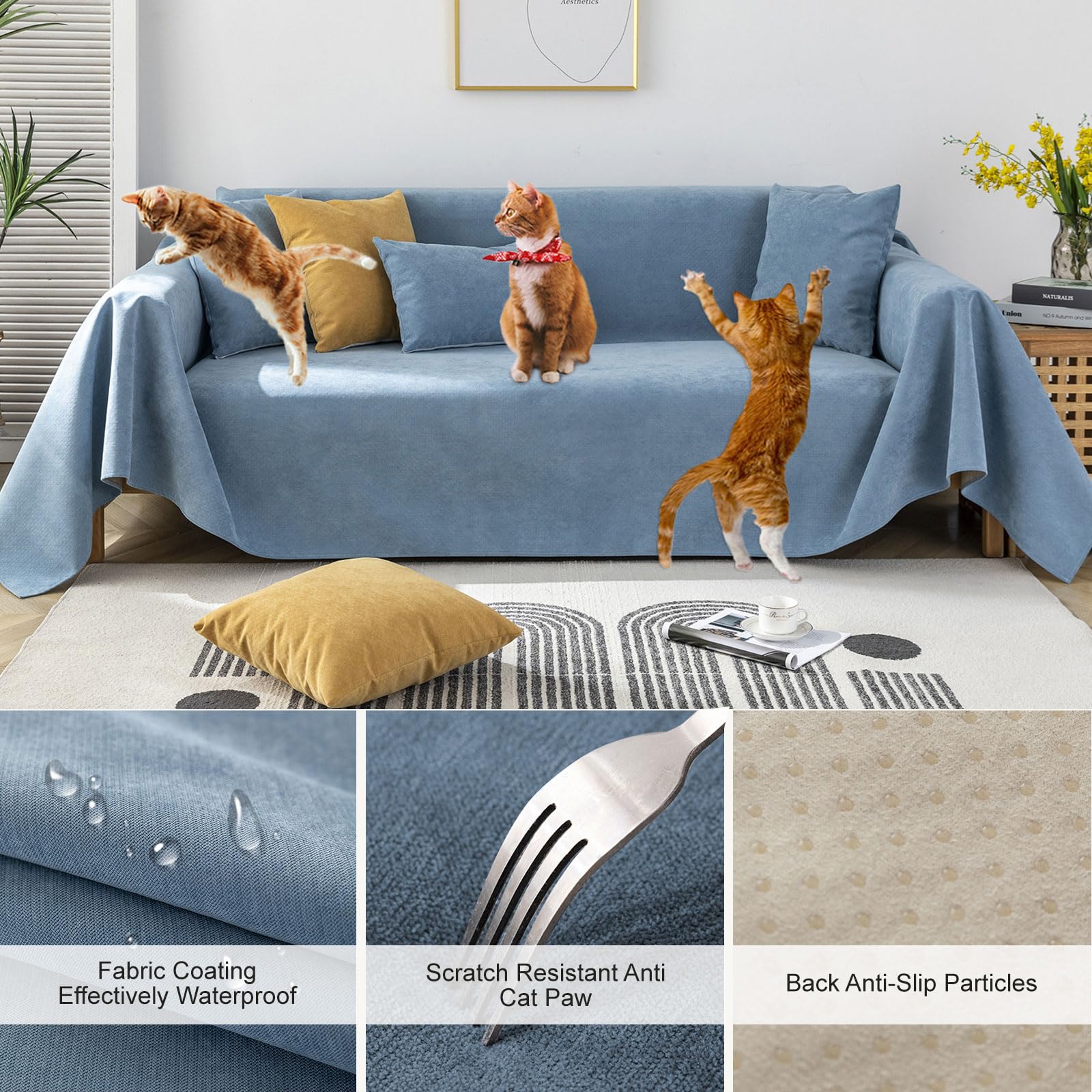 Condition photo showing New/Like New for stacypik waterproof blue couch covers anti-scratch non-slip sofa cover for 3 cushion couch pet-frien