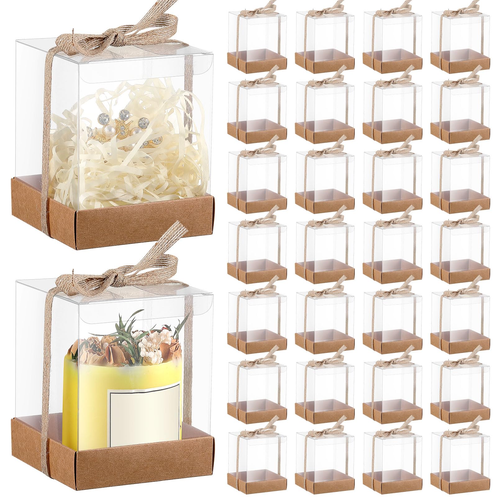 Photo 1 of Cunno 36 Set 3. 5 x 3. 5 x 4. 3 in Transparent Candle Gift Box Packaging Box 4-18 oz Handmade Tealight Candle Holders Bulk Paper Bottom Cover with Ribbon for Wedding Baby Shower Party(Kraft Color)