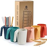 becutlery Wheat Straw Coffee Mugs 6-Pack– Unbreakable & Lightweight Cups, 12oz Stackable Cups with 6 Detachable Straws & 2 Cleaning Brushes (Colorful, 12, Fluid Ounces)