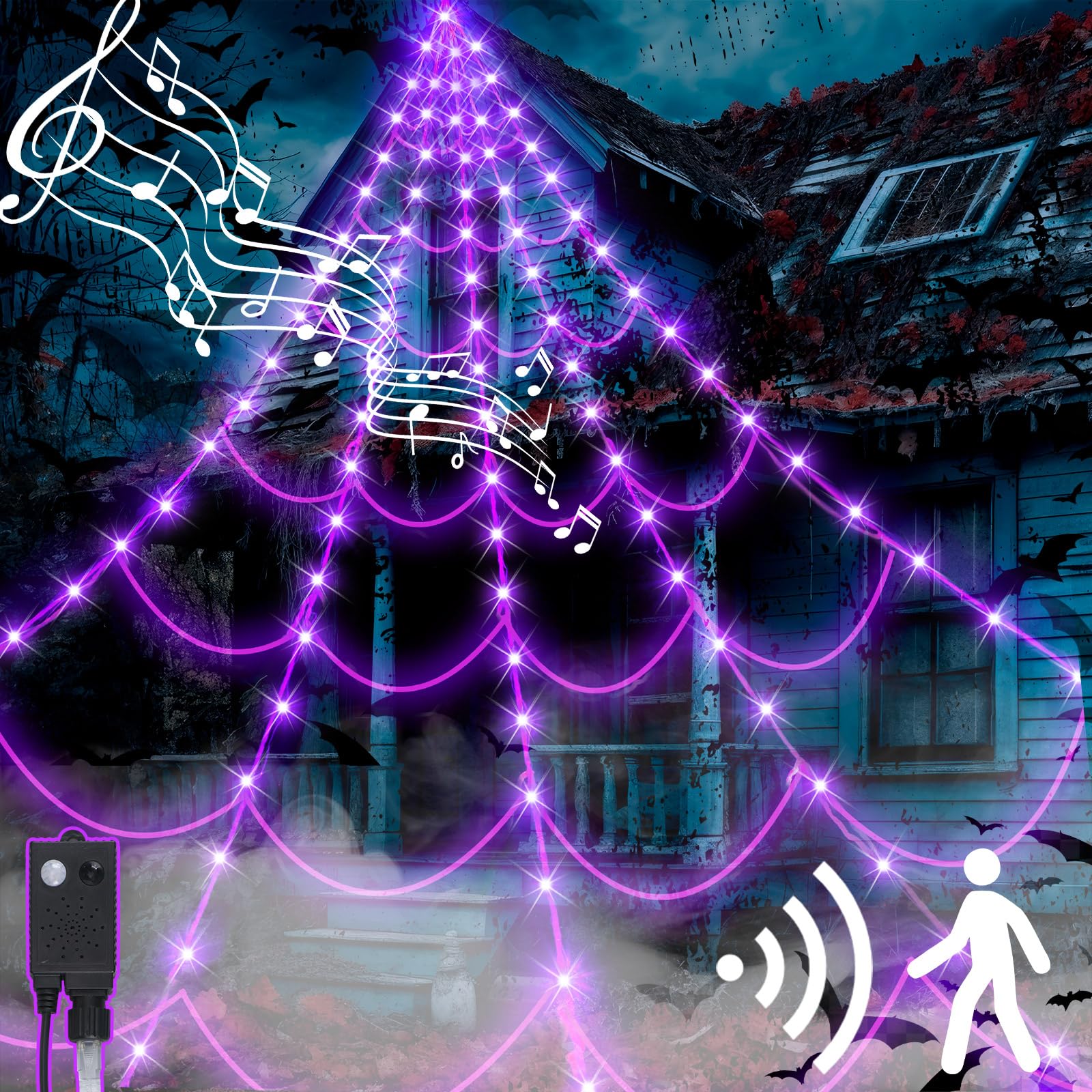 Photo 1 of Retisee Halloween Decorations 17ft Spider Web Lights Motion Activated Sensor 120 LED Purple Light up Spider Web with 200sqft Cobweb for Outdoor Indoor Window Home Party Haunted Yard Horror Decoration
