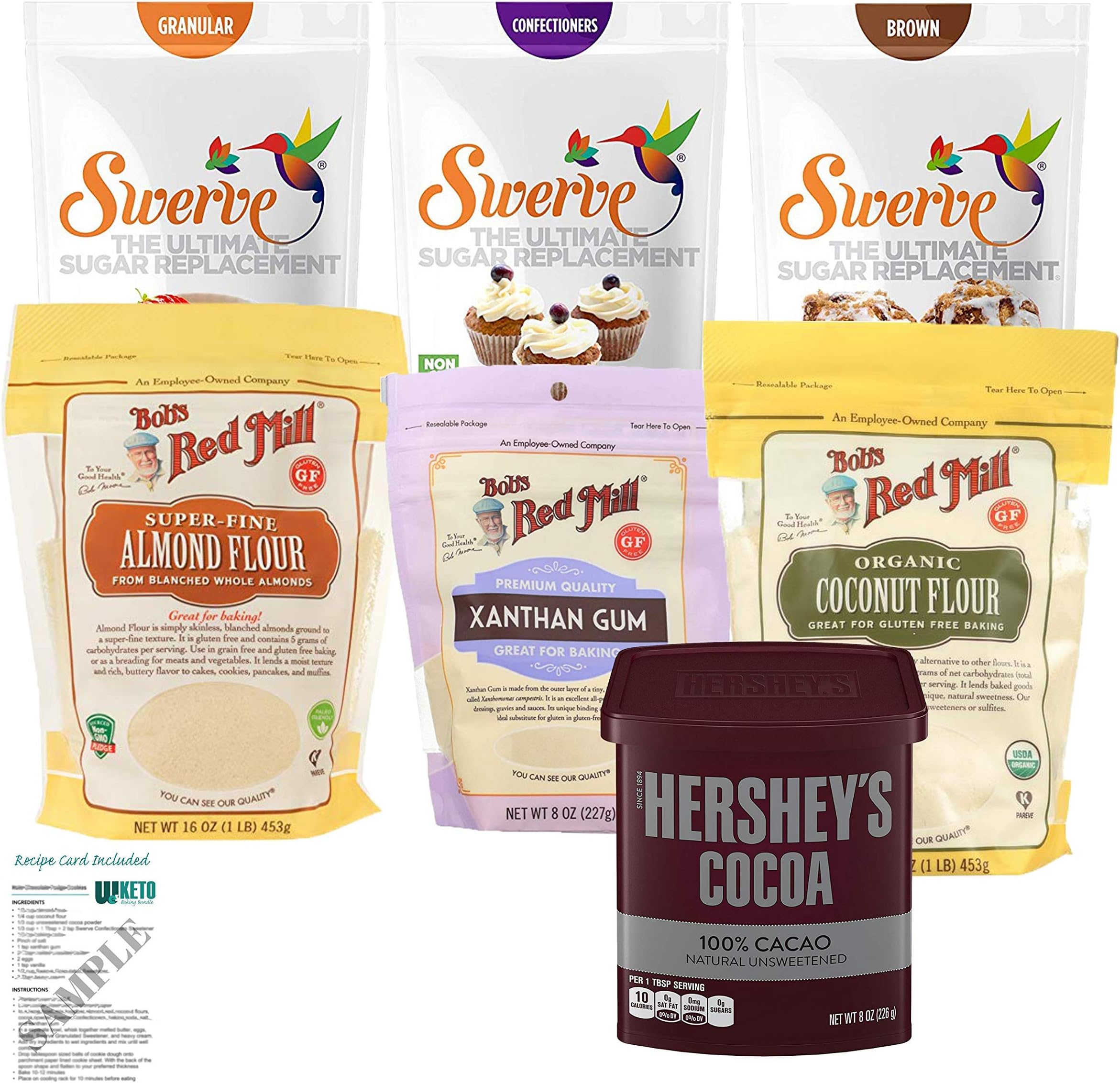 Low Carb Baking Bundle - Almond and Coconut Flour Xanthan Gum Unsweetened Cocoa and Granular Confectioners and Brown Sugar Substitutes Pack with Keto Recipe Card