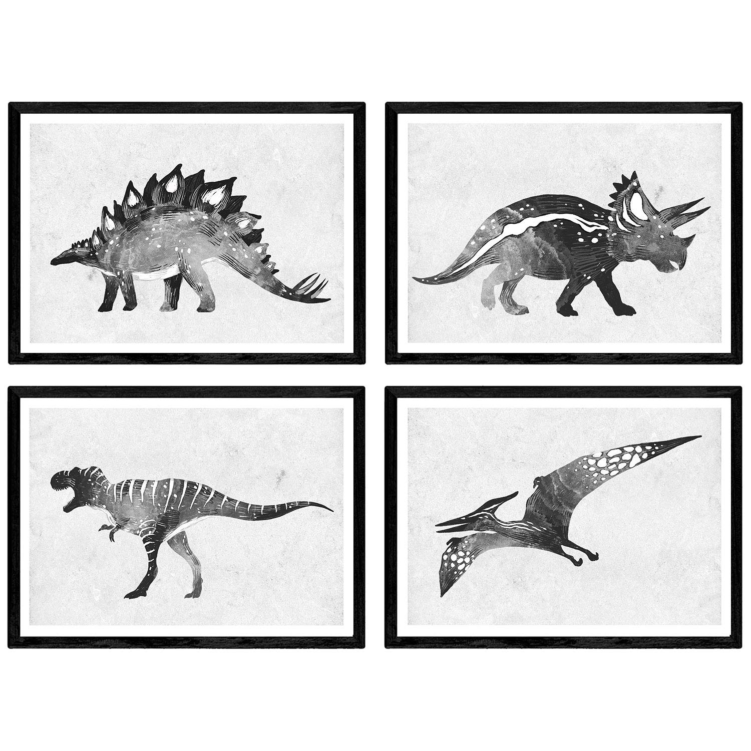 Nacnic Pack of black watercolor posters Dinosaurs. Dinosaur films for children. A4 size