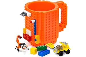 TOYAMBA Build-on Brick Mug BPA-Free Funny Coffee Mug with 3 Packs of Building Bricks, Funny Cups for Kids - Creative Building Block Mug DIY Idea 16OZ (Orange)