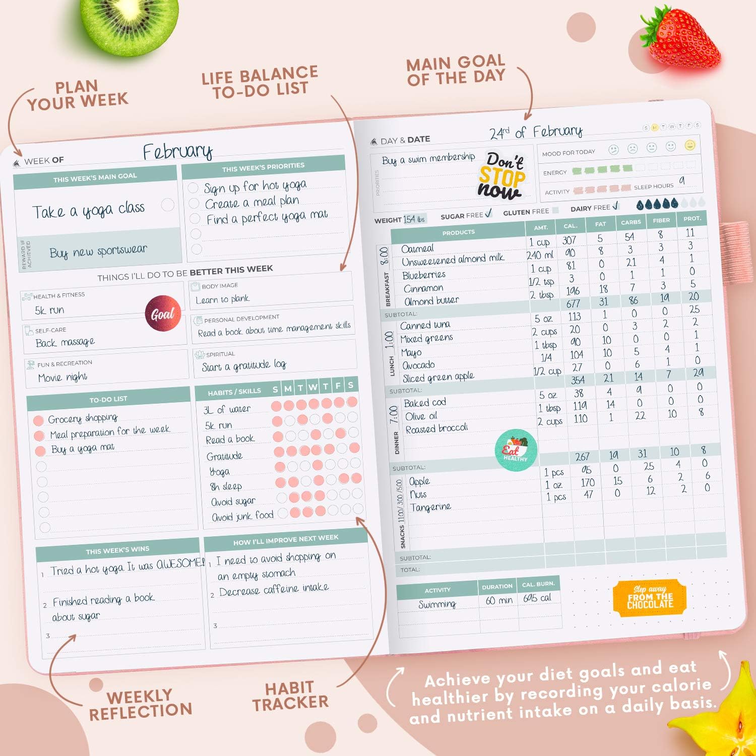 Clever Fox Wellness Journal - Weekly & Daily Health and Wellness Log, Food Journal & Meal Planner Diary for Calorie Counting, Notebook for Medical Condition Tracking, A5-Sized - Rose Gold : Office Products