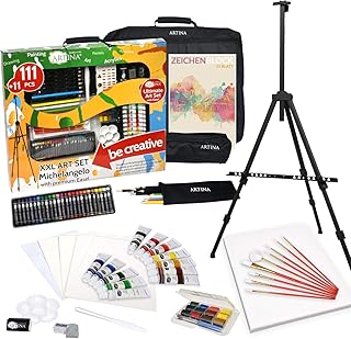 Artina 122 Teile XXL Mega Malset Staffelei Set Michelangelo – Komplett Malset Acryl, Zeichenset, Buntstifte, Farbset, Leinwand, Pinselset für Erwachsene & Kinder