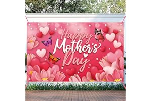 SOPHENA Large Happy Mother's Day Banner Decorations Mothers Day Flag Outdoor 71x44 Inch,Mom Gifts for Indoor Home House Decor Party Supplies,Yard Sign Background for Photography, Red Pink Heart Flowers