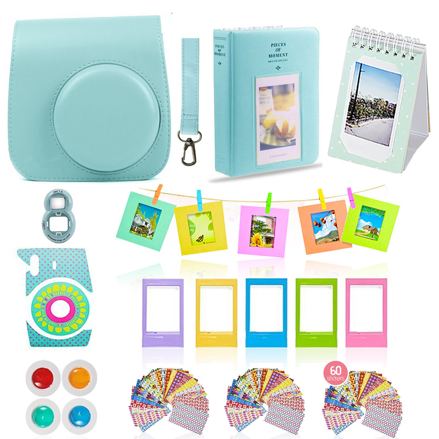 Fujifilm Instax Mini 9 Camera Accessories Bundle, ICE Blue 11 PC Fuji Kit Includes: Mini Case + Strap, 2 Albums, 4 Color Filters, Selfie Lens, Hanging + Creative Frames, Stickers, Gift Set