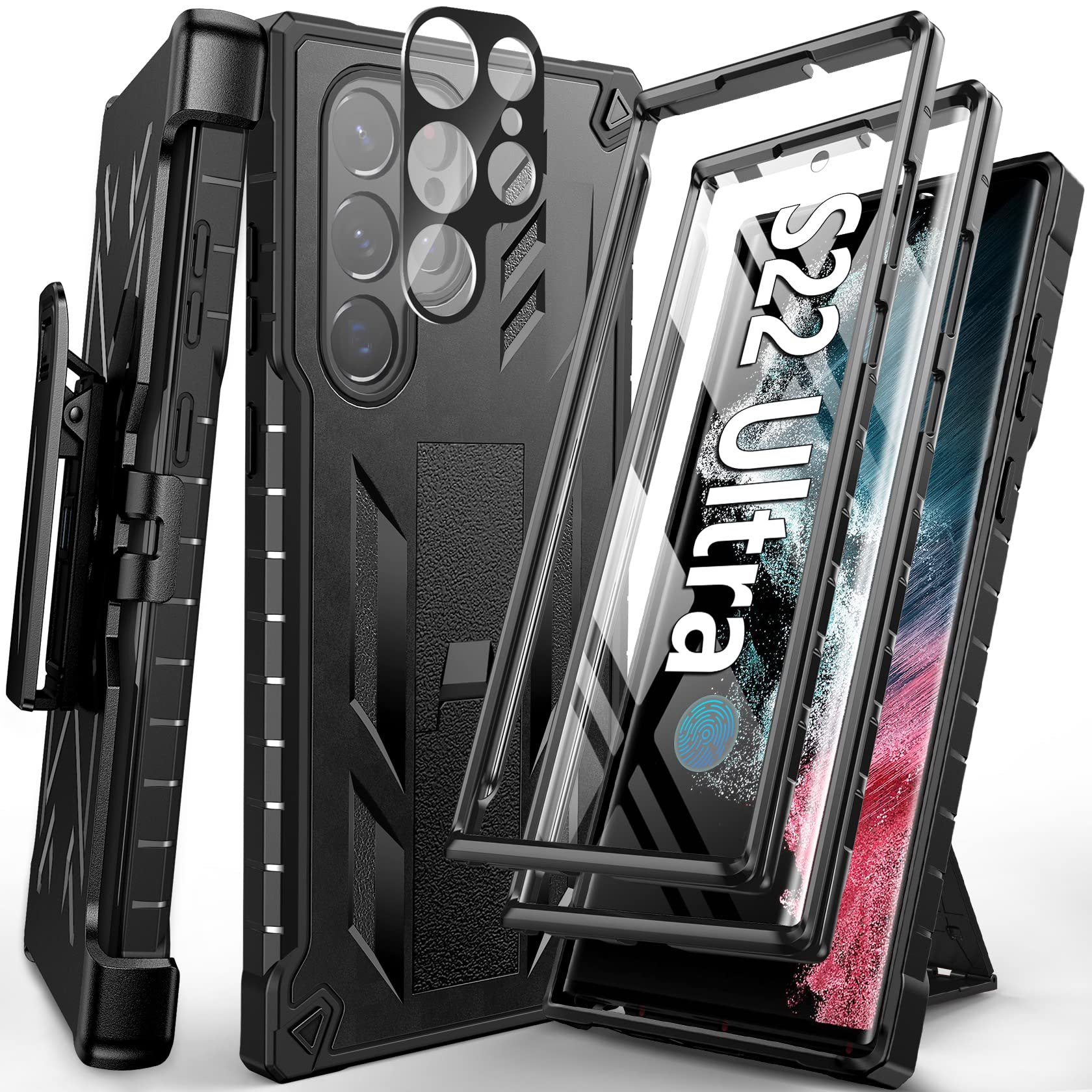 Photo 1 of FNTCASE for Samsung Galaxy S22 Ultra Case: Built-in Screen Protector & Kickstand & Belt-Clip Holster, Full-Body Dual Layer Rugged Heavy Duty Shockproof Protective Phone Cover-Black