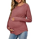 Yousify Womens Maternity Shirts Long Sleeve Round Neck Tops Pregnancy Clothes Loose Fit Casual Blouses with Thumb Holes