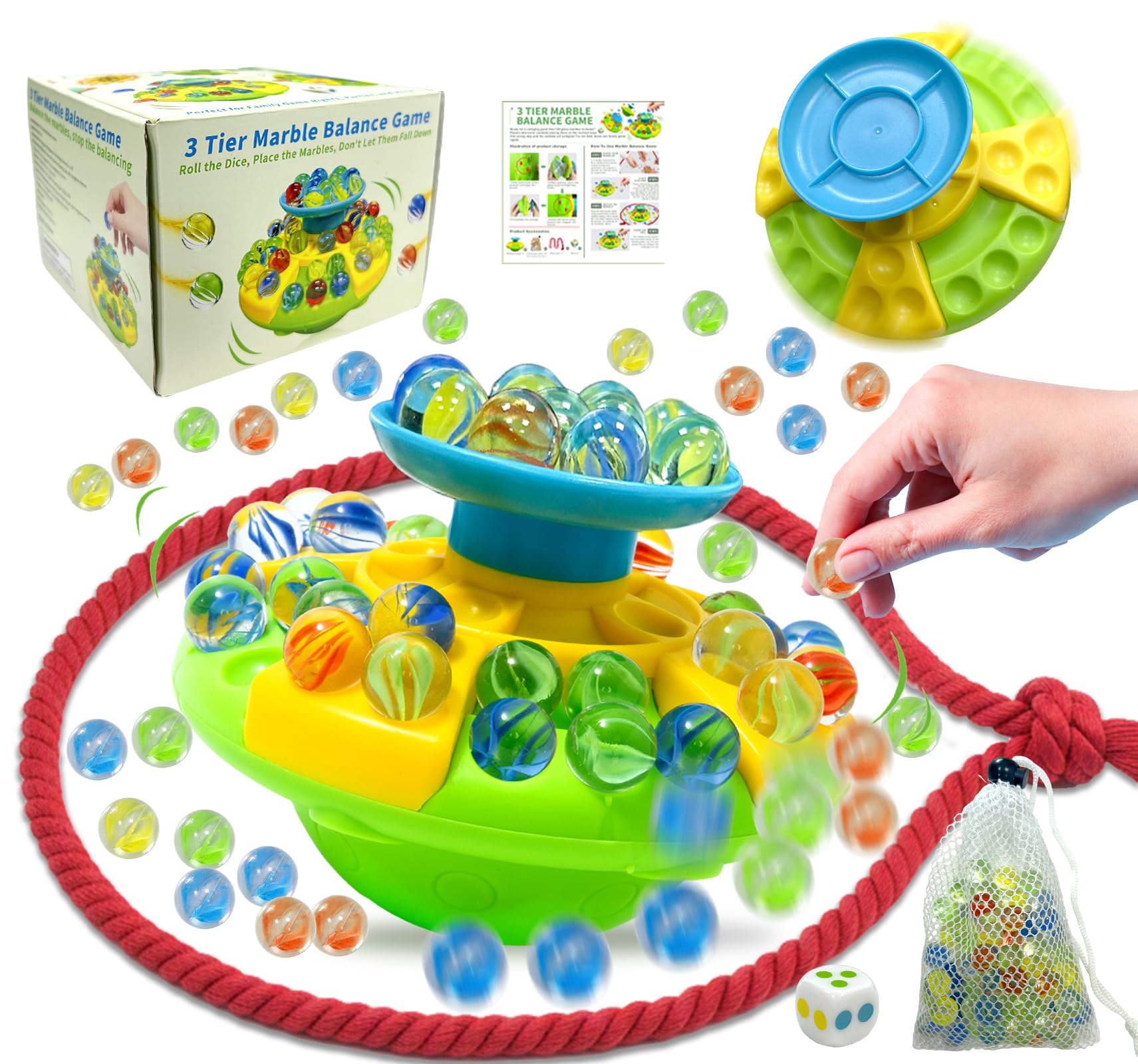 Marble Balancing Game, Balance Stacking Toy with 60 Glass Marbles, Fun Family Game for Teens, Birthday Party Challenge, Christmas