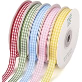 woric 5 Color Gingham Ribbon 3/8" X 50 Yd Plaid Ribbons | Craft Ribbons Buffalo Checker Ribbon for Crafts Picnic Decor Sewing Projects Hair Bows Baby Shower Birthday Gift Wrapping