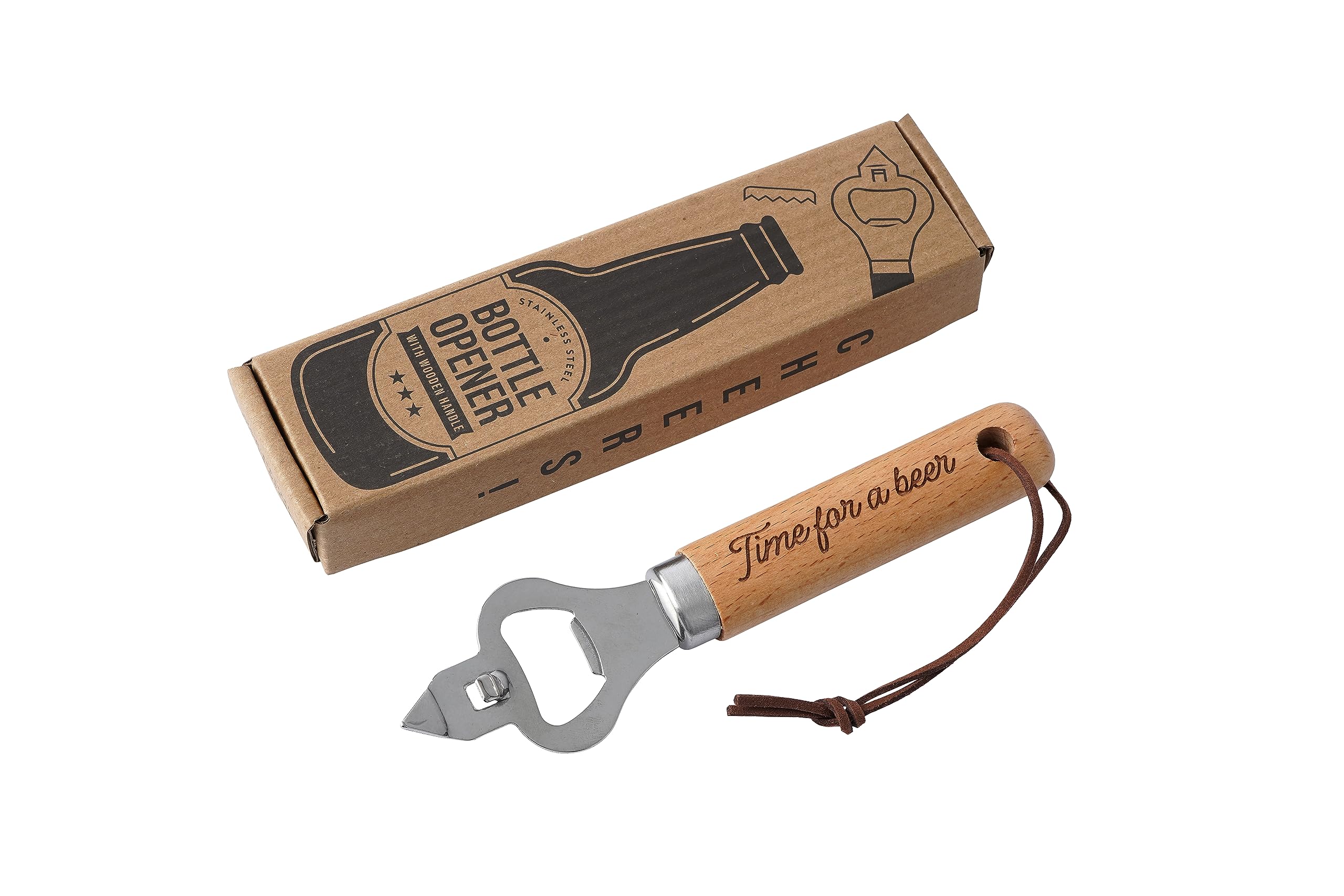 CGB Giftware | Wooden Handle Bottle Opener with 'Time for A Beer' Slogan Engraved | Double Function As Can Opener | Leather Handle End | Comes Gift Boxed | GB07649