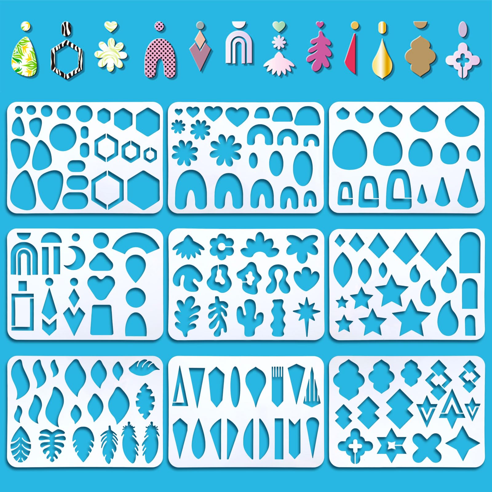 ORIGACH 9 Pcs Large Jewelry Making Template 29.7x21 cm, Reusable Leather Earring Stencils with Tear Drop, Leaves, Flower, Cabochon and Star Patterns for Bracelet Necklace Making Jewelry Crafts
