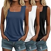 Huukeay 3 Pack Summer Women's Tank Tops Cotton Sleeveless Shirt Loose Fit Square Neck Tank Top with Side Slits(Black, White, Haze Blue,Large)