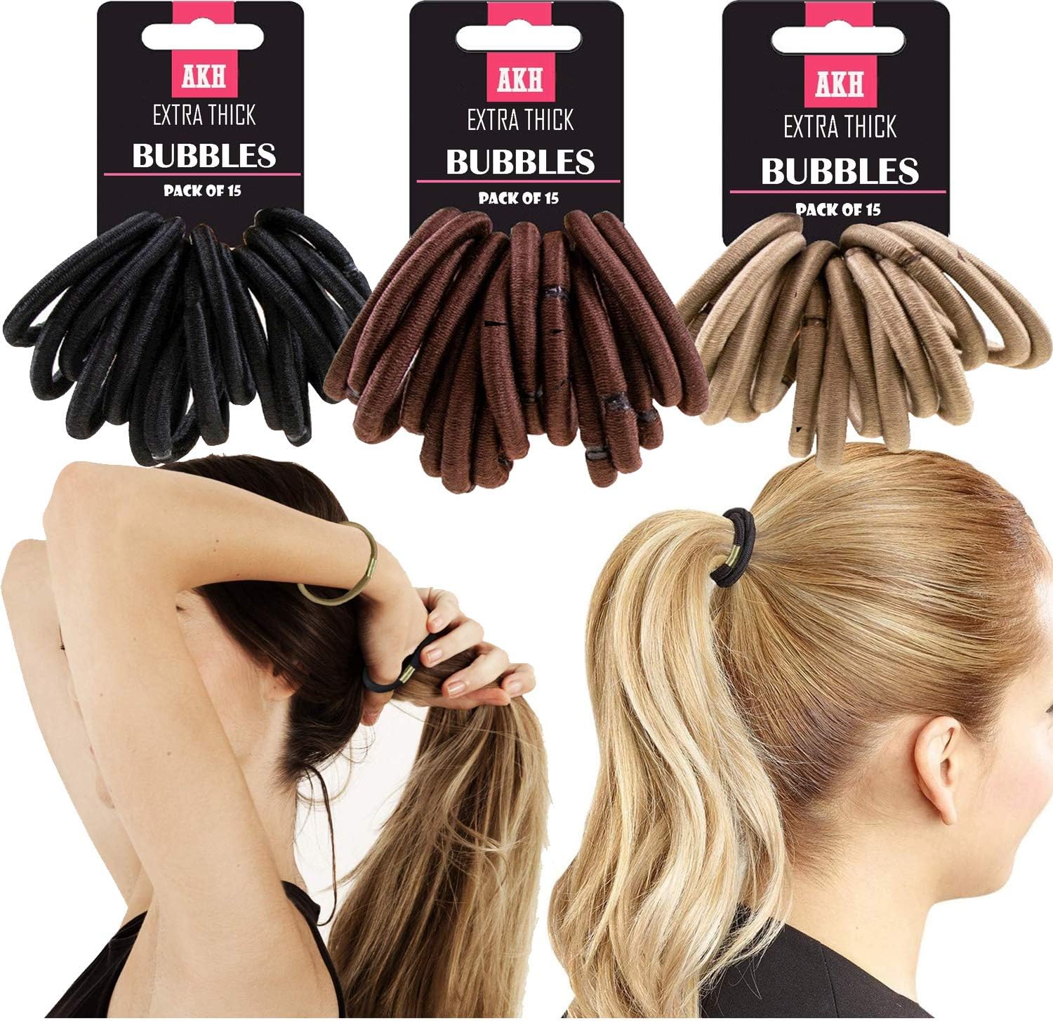 AKH® Set of 15 LIGHT BROWN Thick Snag Free Endless Hair Elastics Bobbles Hair Bands, Brown,Black, 15 Count (Pack of 1) - Image 4
