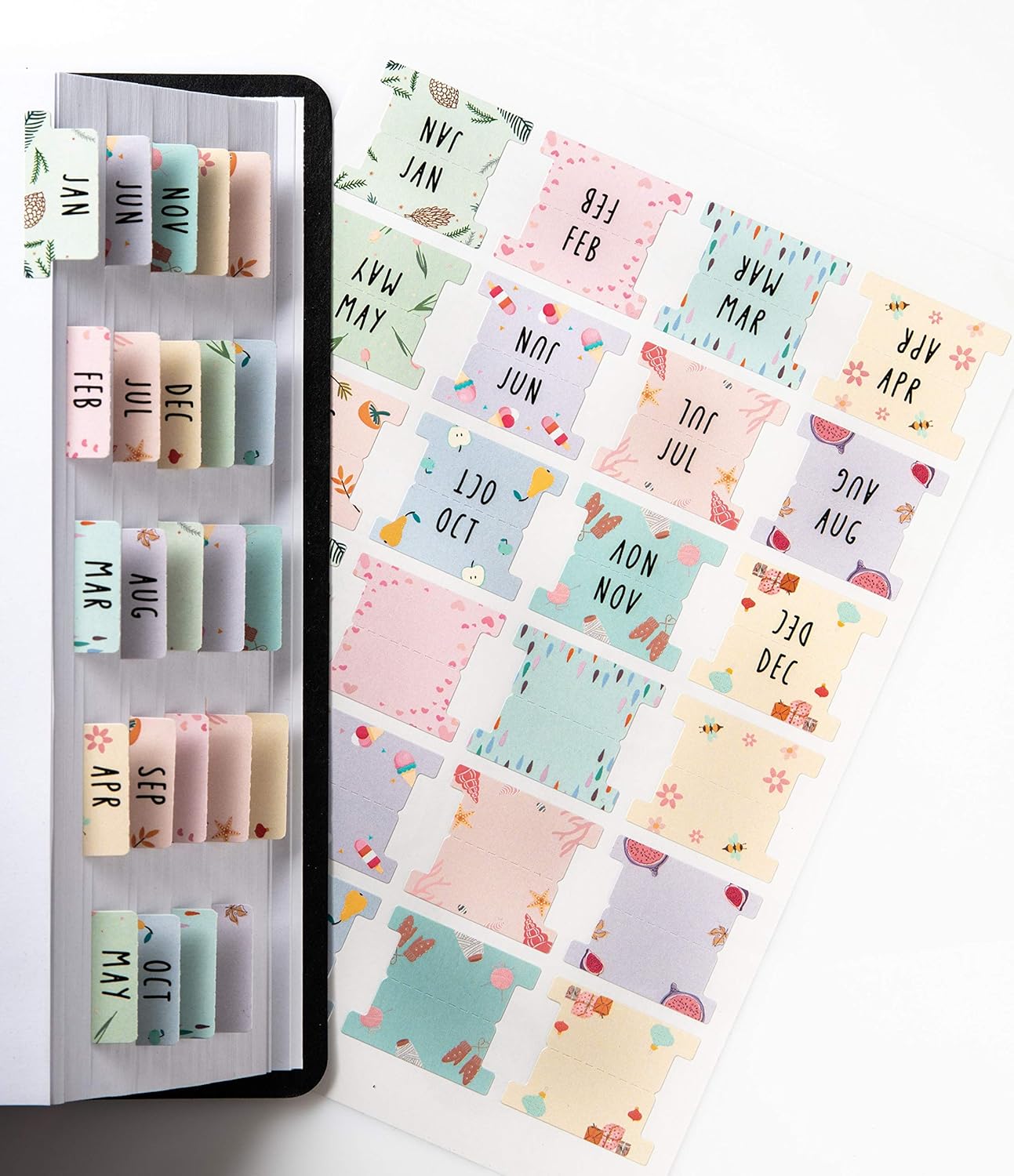 DiverseBee Laminated Planner Monthly Tabs, 24 Peel and Stick Tabs for Notebooks (12 Month Tabs and 12 Blank Tabs), Calendar Monthly Tab Stickers for Planners, Monthly Dividers (Assorted): Office Products