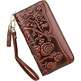 PIJUSHI Genuine Leather Wallets for Women Designer Floral Wristlet Wallet Ladies Clutch Purse with Tassel (20098 Brown)