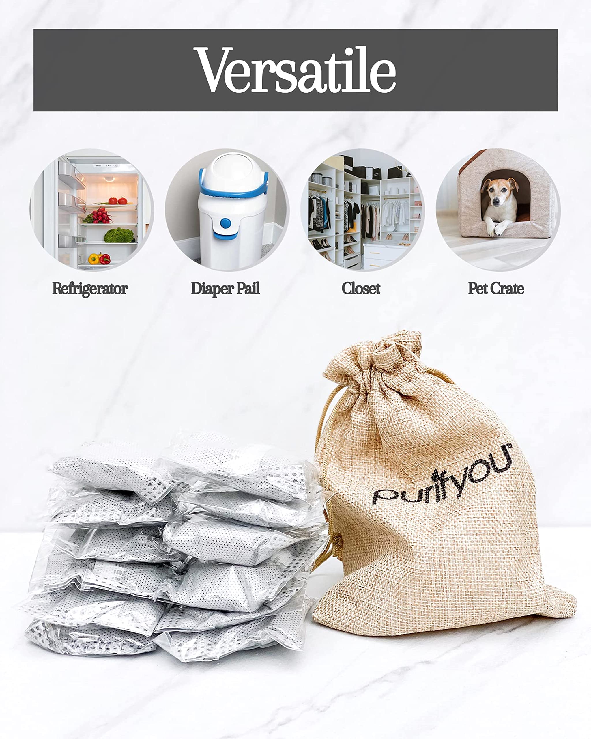 100% Natural Bamboo Charcoal Air Purifying Bag - Set of 12 Carbon Filters, Deodorizer Bags, Odor Absorber for Diaper Pail, Trash, Shoes, Closets, Cars, Fridge, Pets House, Kitchen, Home by purifyou