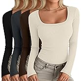 Oakgarden 4 Pack Women's Long Sleeve Shirts Scoop Neck Ribbed Knit Tops Casual Slim Fitted Cotton Tees Fall Basic T Shirts