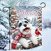 BlissYard Christmas Garden Flag 12x18 Inch Schnauzer Winter Garden Flag Snowy Forest Scene Cute Dog with Red Scarf and Small Outdoor Yard Banner Christmas Flags Seasonal Home Patio Lawn Décor