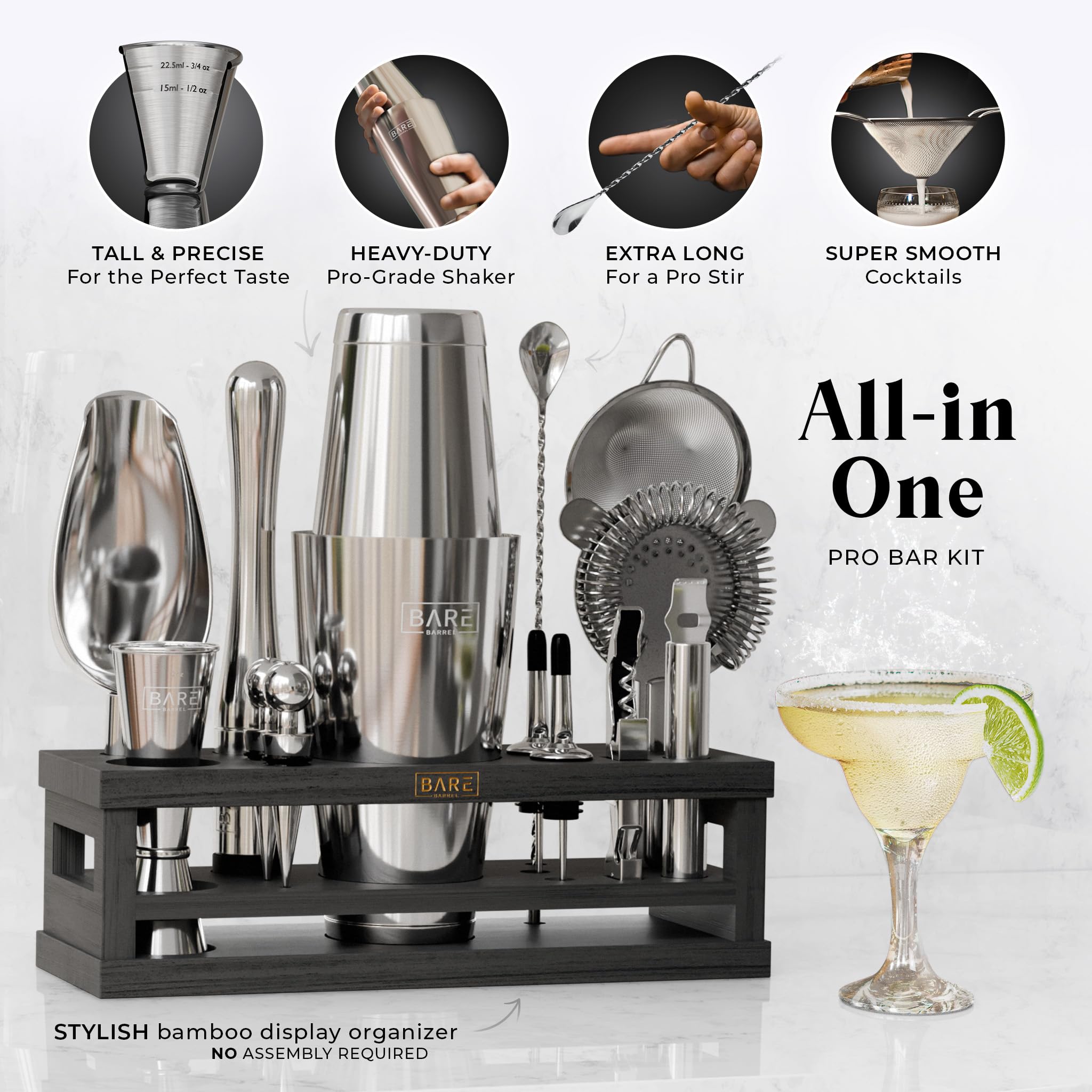 BARE BARREL® Mixology Bartender Kit Bar Set | 16-Piece Cocktail Shaker Set | Martini Barware Mixing Tools for Home Bartending | Incl. 35 Recipe Cards | Gift Set (28oz Boston Shaker, Silver/Black) - Image 2