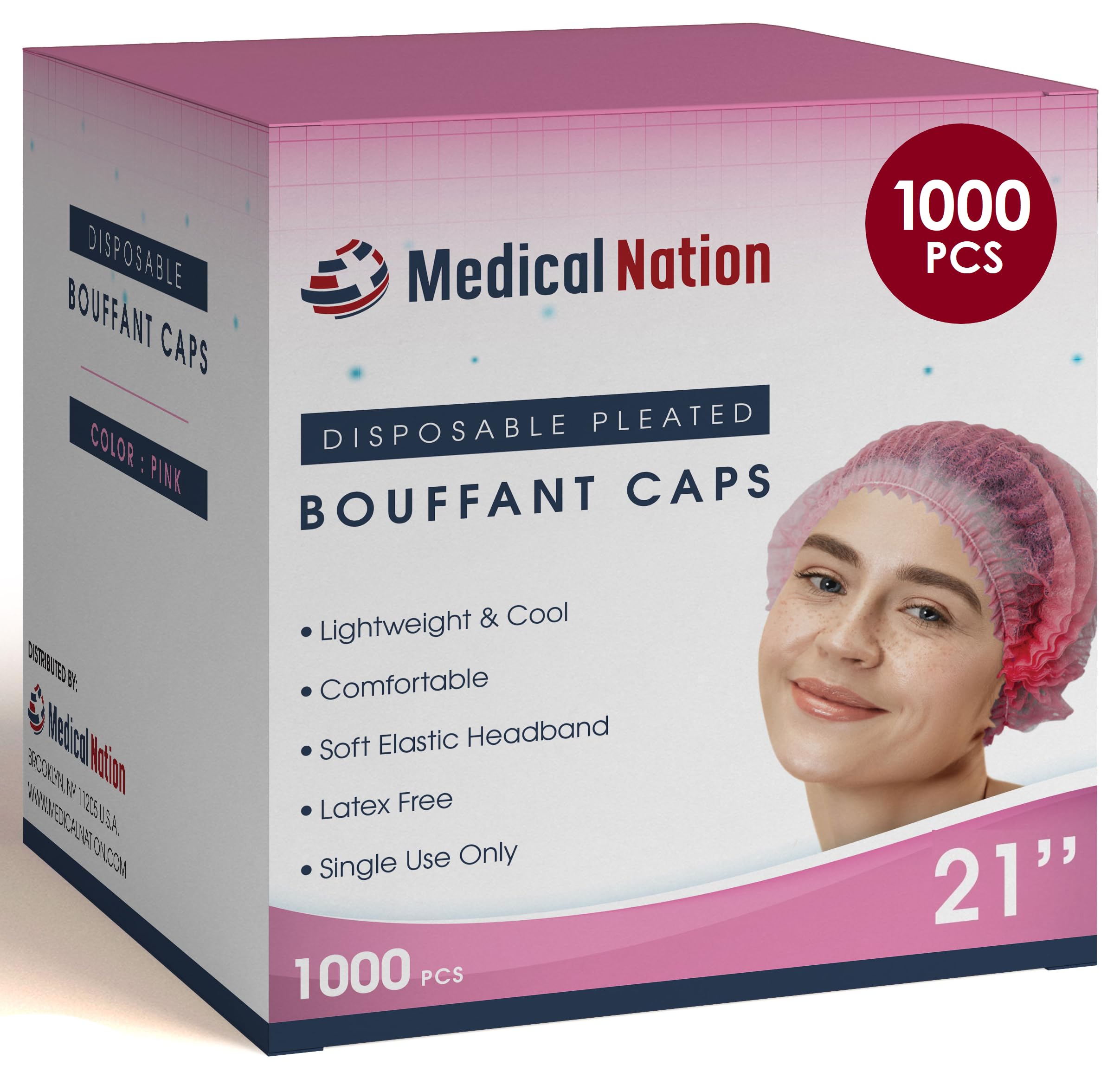 Photo 1 of Medical Nation Hair Net, Disposable Pleated Hair Nets | Pink, 1000 Count | Bouffant Hair Cap Hair Nets for Food Service, Medical Use - 21" Hairnets for Women & Men - Latex Free with Elastic Band, Pink