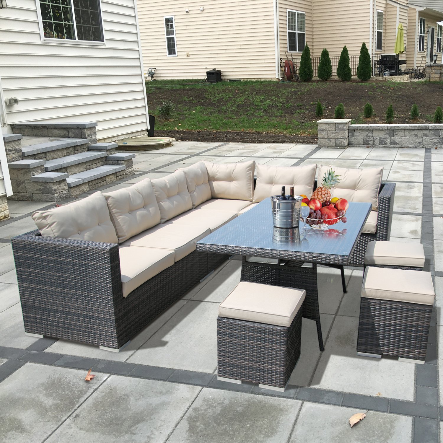 Patioption 8 Pieces 9 Seaters Outdoor Patio Furniture Sets Patio Sectional Furniture Sofa Pe Rattan Corner Sofa Couch Sets Conversation Sets Dining Sets Patio Garden Furniture All Weather Brown Kitchen Dining Cjp Org In
