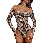 MakeMeChic Women's Cheetah Print Off The Shoulder Bodysuit Twist Front Long Sleeve Going Out Tops