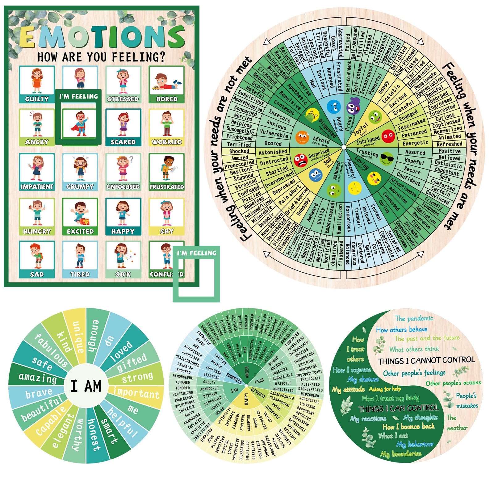 Photo 1 of chiazllta 7PCS Feeling Wheel Magnet Green Magnetic Mental Feeling Chart Mood Meter Emotion Therapy Poster Kids Teens Counselor Social Work Magnet for Fridge Office Home School Classroom Decor Supplies