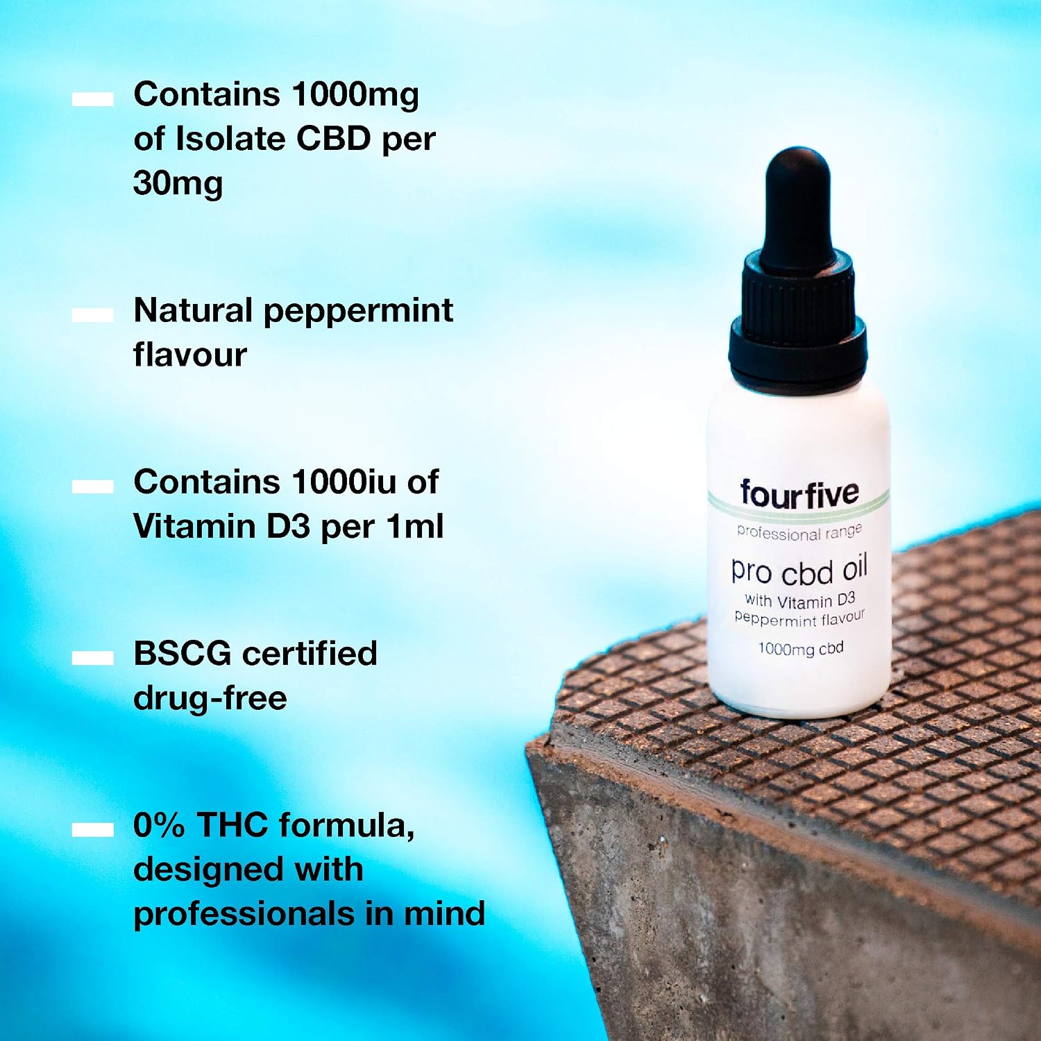 fourfive PRO CBD Oil 3.33%, 1000mg Cannabidiol, Peppermint Flavour, with Vitamin D3, Certified by The BSCG As Safe for Athletes, Clear - Image 4